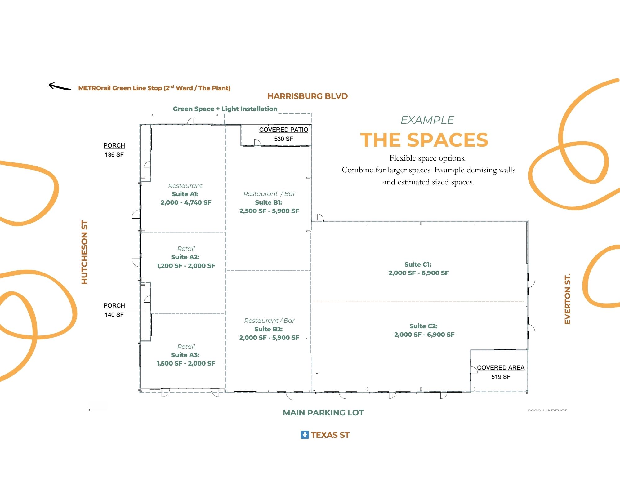 Example floorplan of The HALO showing seven flexible suites from Harrisburg Blvd to the parking lot
