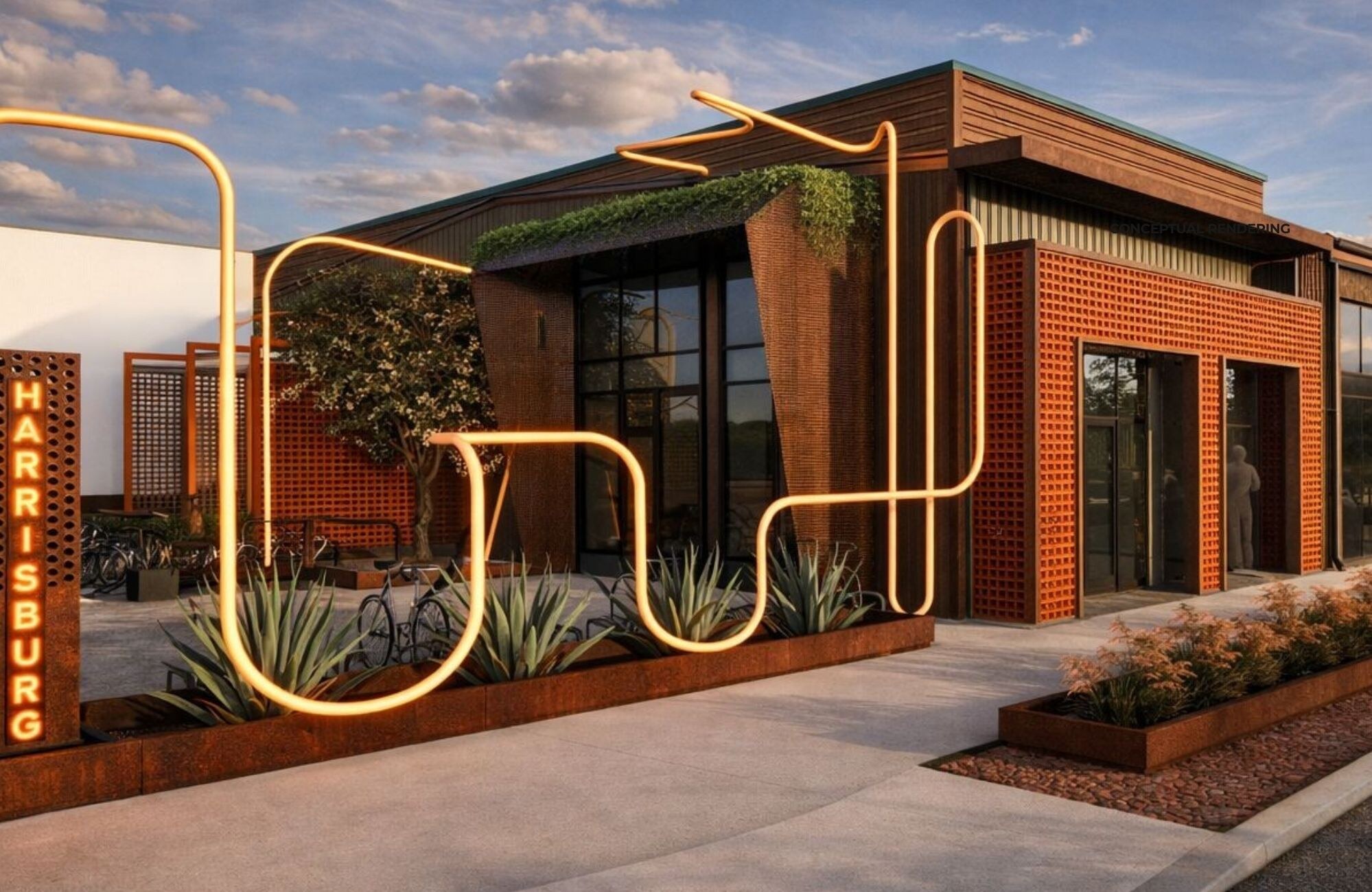 Conceptual rendering of The HALO at 3600 Harrisburg — copper metal facade, neon wire art, greenery