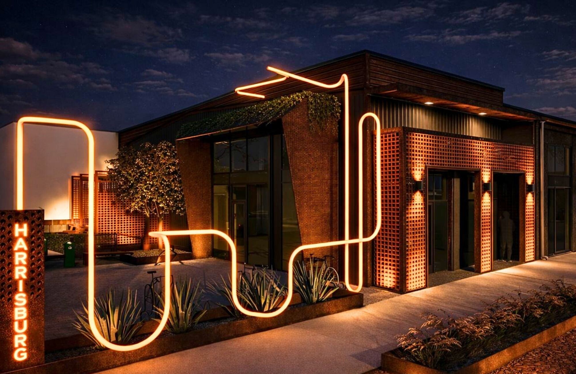 Night rendering of The HALO with neon wire art lighting the facade