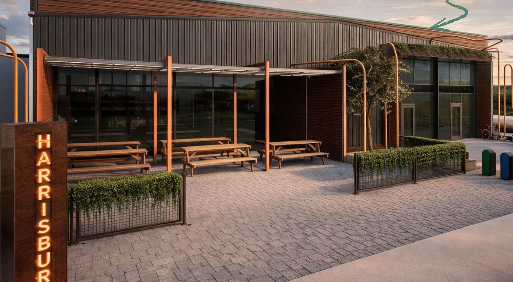 Conceptual rendering of The HALO patio with copper canopies, picnic tables, and cascading greenery