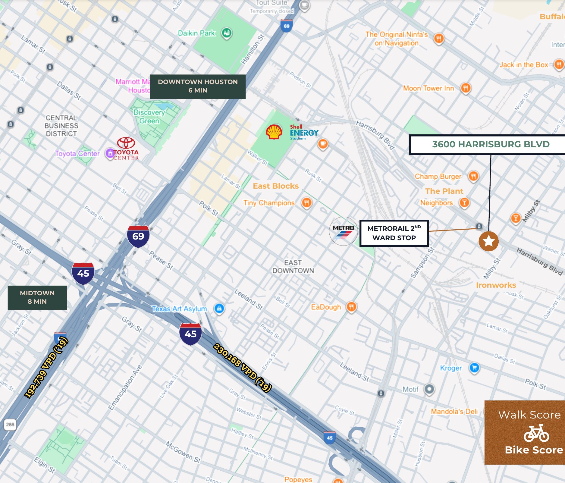 Aerial map showing 3600 Harrisburg Blvd one block from the METRORail 2nd Ward stop, minutes from Downtown Houston